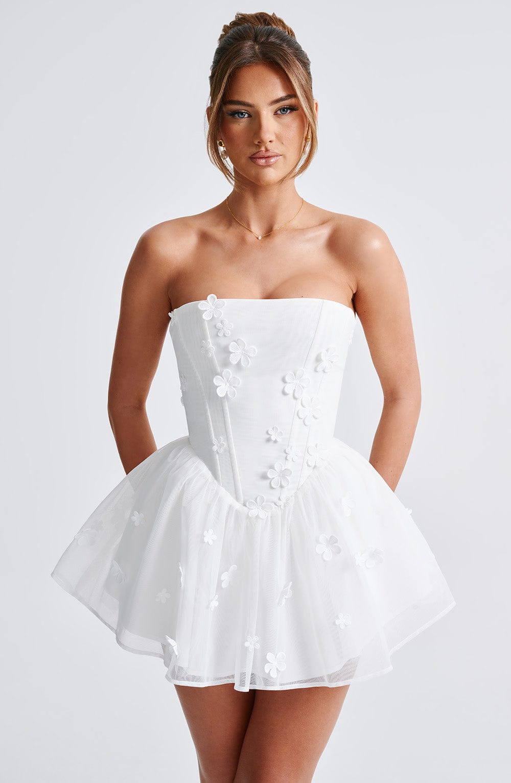 Justina Ivory Strapless Playsuit with Floral Applique & Lace Up Back