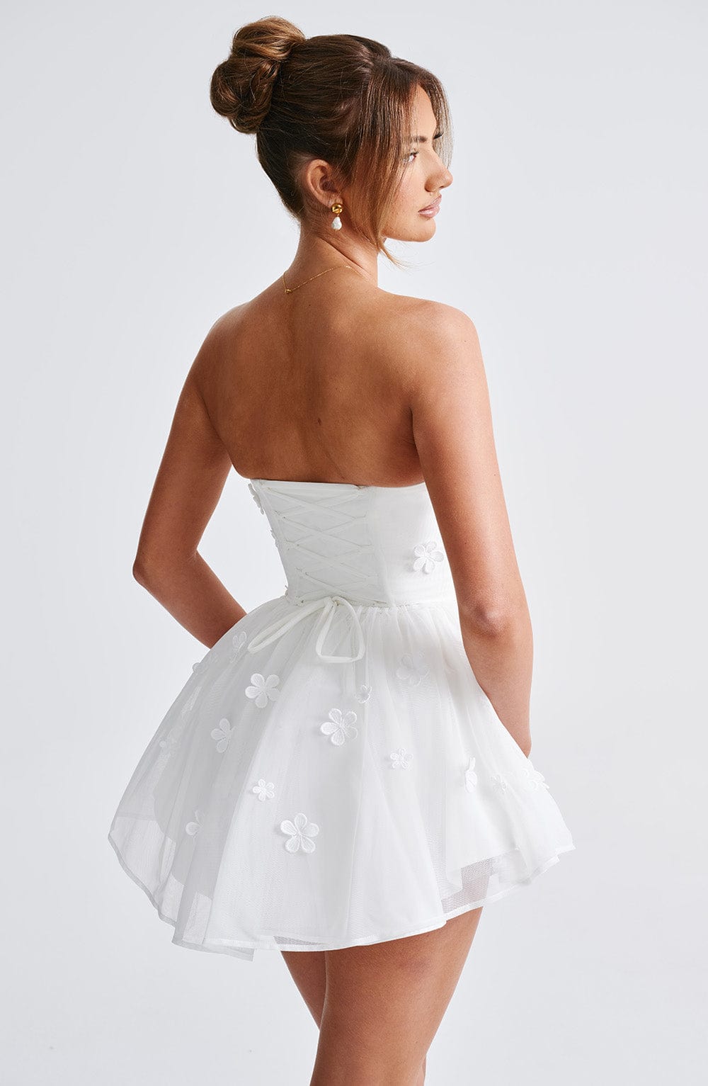 Justina Ivory Strapless Playsuit with Floral Applique & Lace Up Back