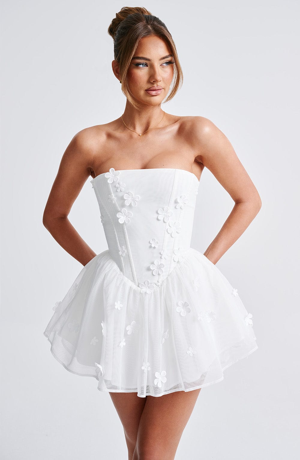 Justina Ivory Strapless Playsuit with Floral Applique & Lace Up Back