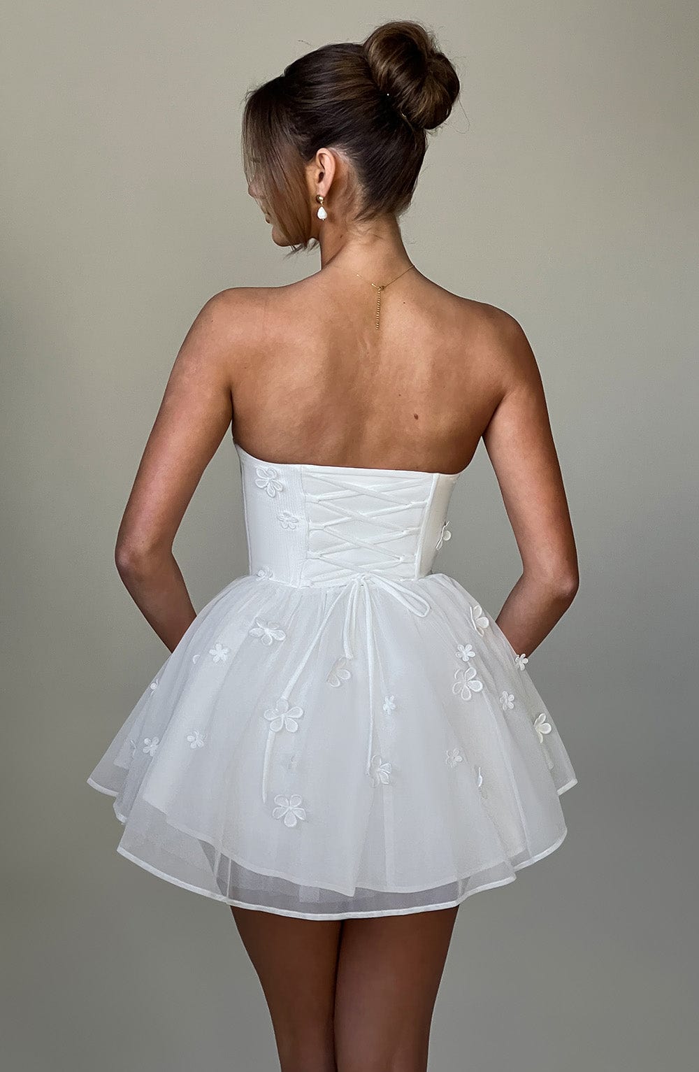 Justina Ivory Strapless Playsuit with Floral Applique & Lace Up Back