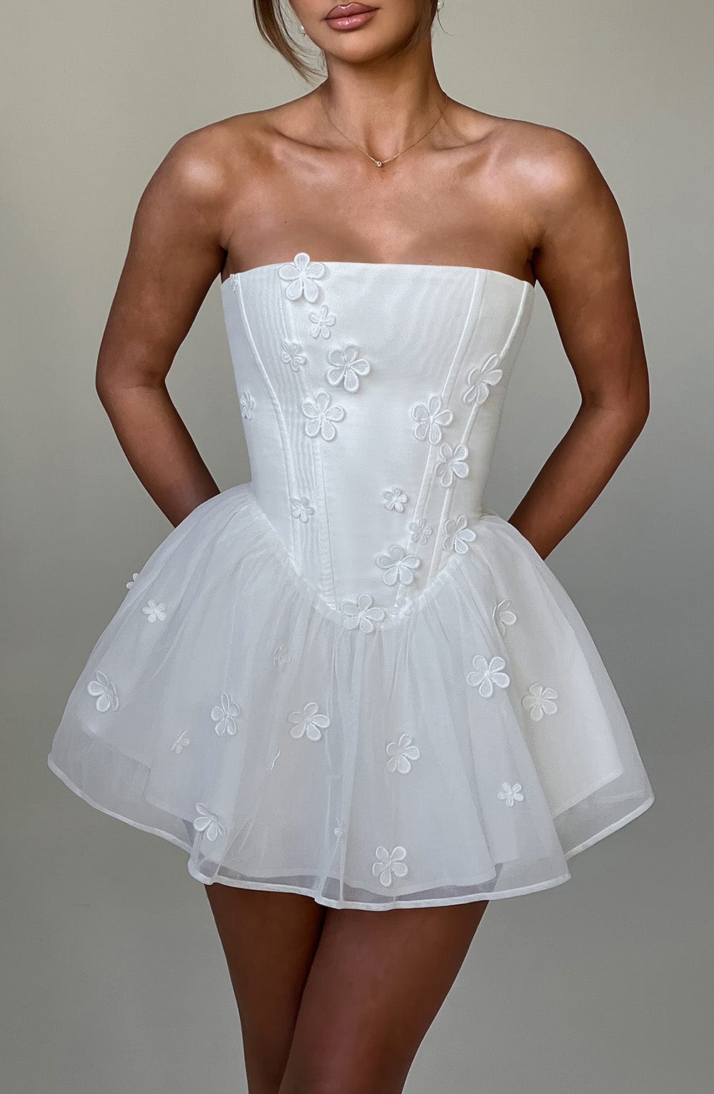 Justina Ivory Strapless Playsuit with Floral Applique & Lace Up Back