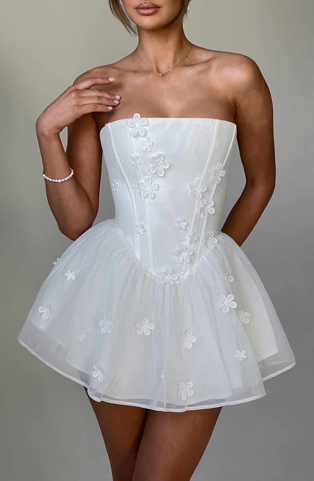 Justina Ivory Strapless Playsuit with Floral Applique & Lace Up Back