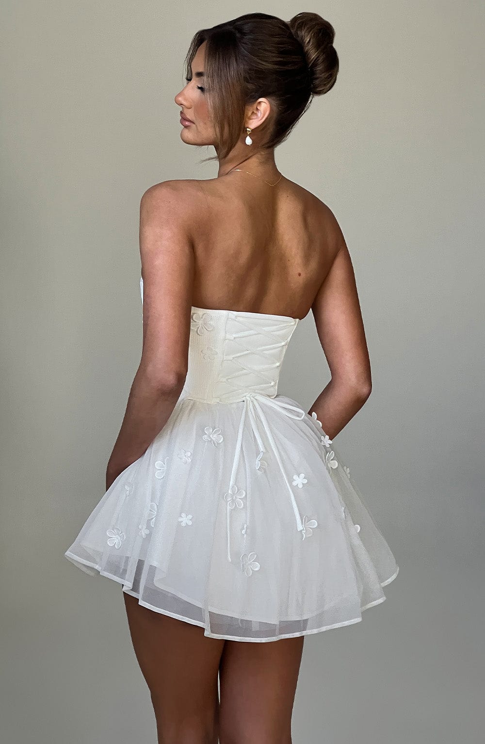 Justina Ivory Strapless Playsuit with Floral Applique & Lace Up Back