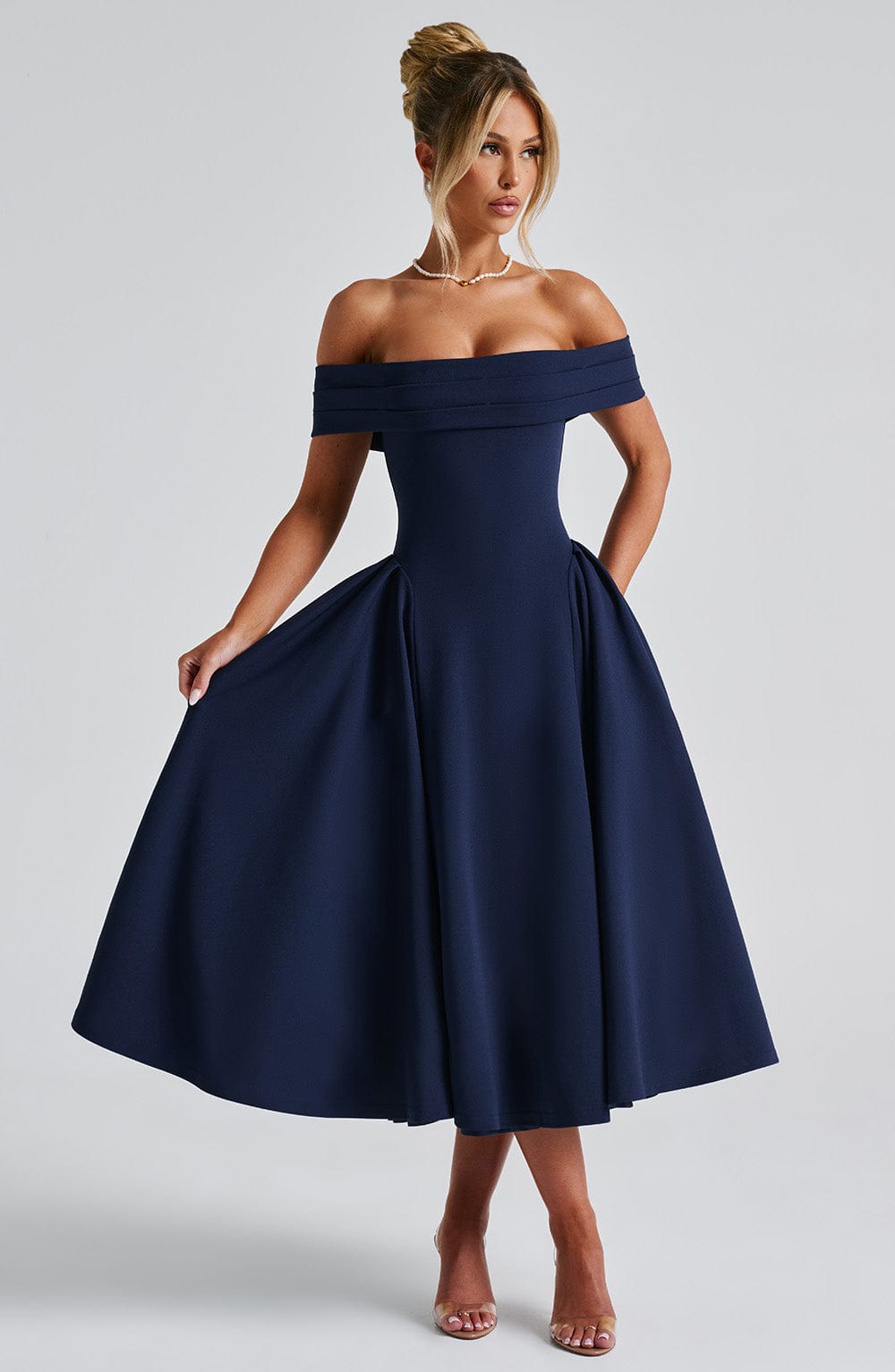 Miranda Navy Midi Dress with Bardot Neckline & Tulle Skirt