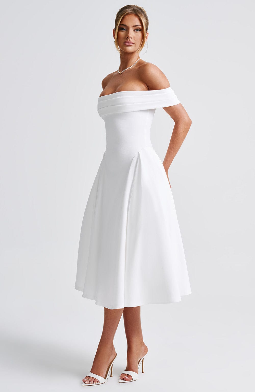 Miranda Ivory Midi Dress with Bardot Neckline & Tulle Skirt
