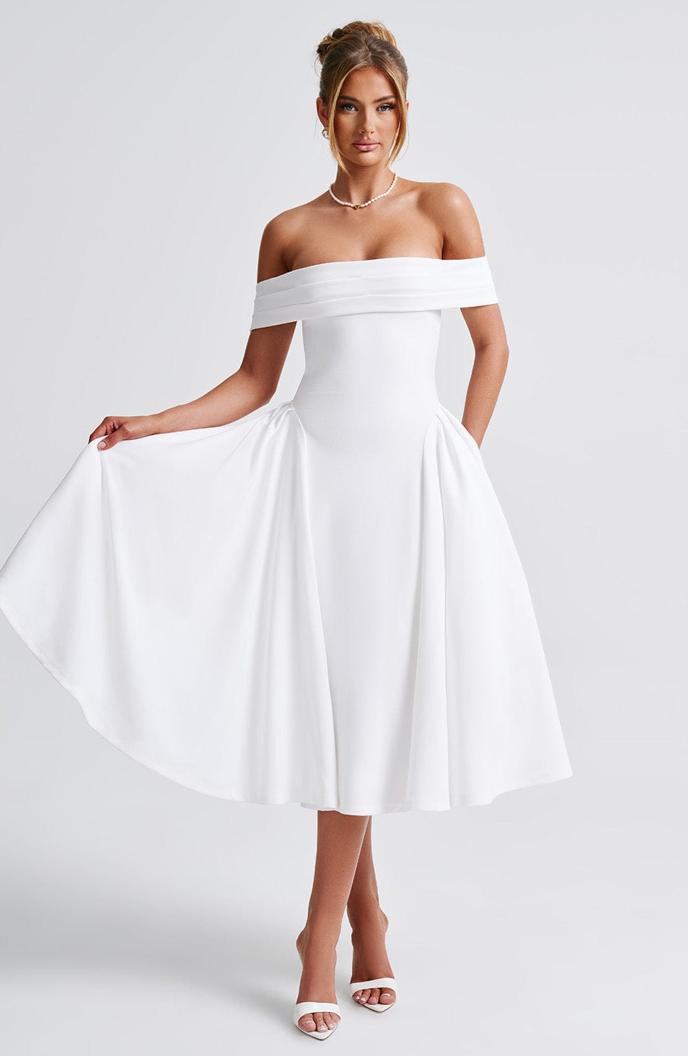 Miranda Ivory Midi Dress with Bardot Neckline & Tulle Skirt