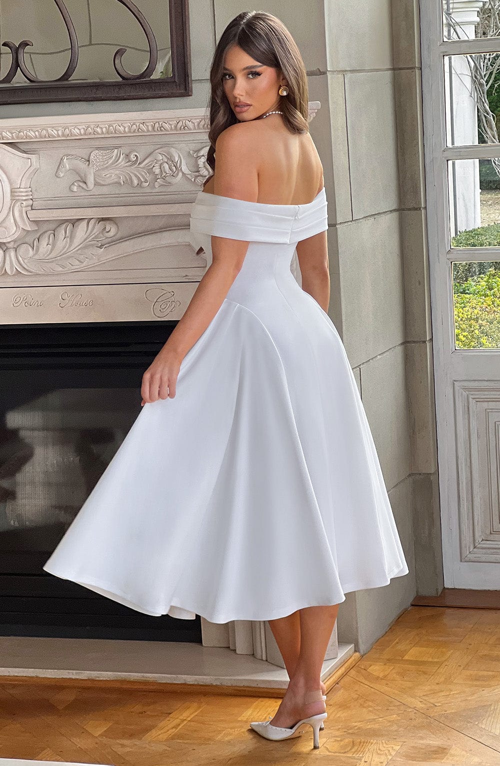 Miranda Ivory Midi Dress with Bardot Neckline & Tulle Skirt