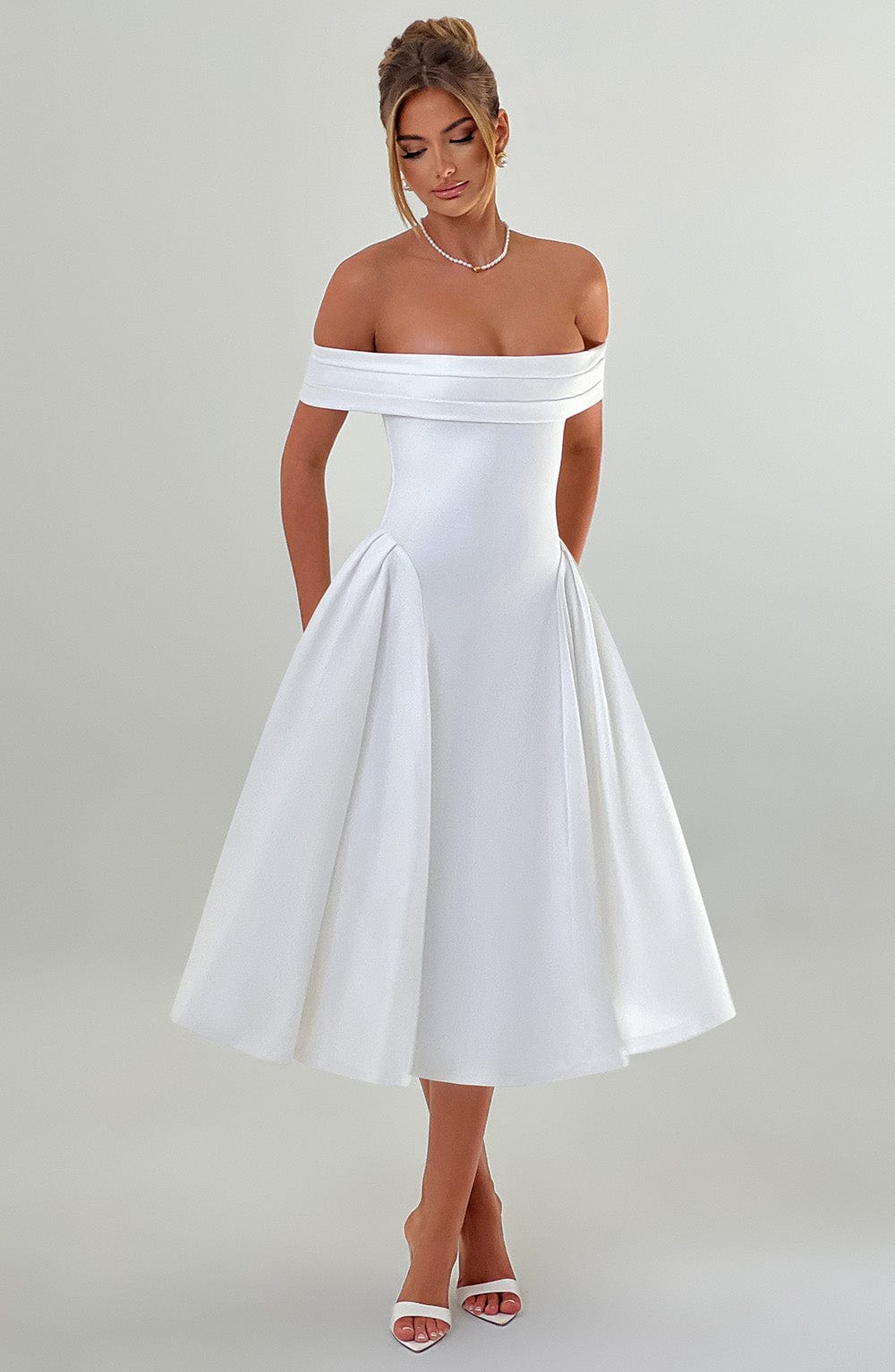 Miranda Ivory Midi Dress with Bardot Neckline & Tulle Skirt