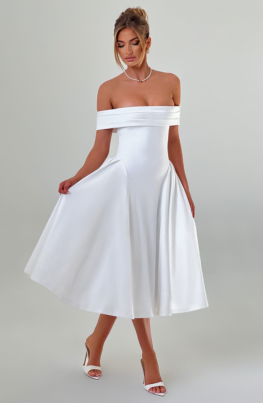Miranda Ivory Midi Dress with Bardot Neckline & Tulle Skirt
