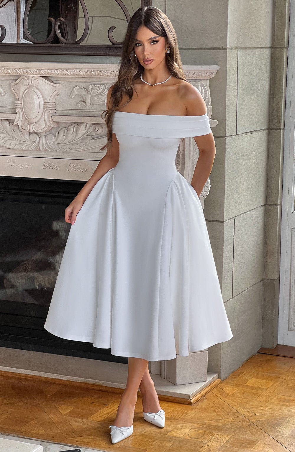 Miranda Ivory Midi Dress with Bardot Neckline & Tulle Skirt