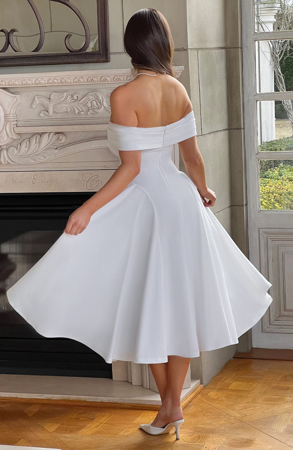 Miranda Ivory Midi Dress with Bardot Neckline & Tulle Skirt