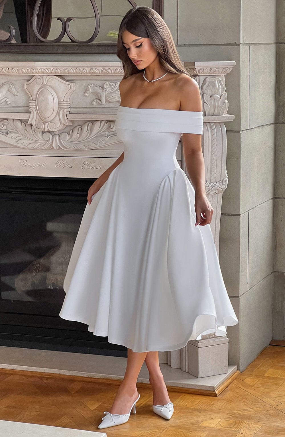 Miranda Ivory Midi Dress with Bardot Neckline & Tulle Skirt