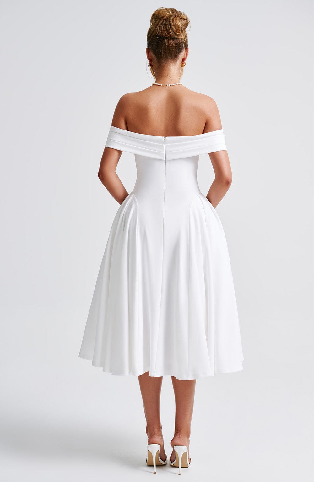Miranda Ivory Midi Dress with Bardot Neckline & Tulle Skirt