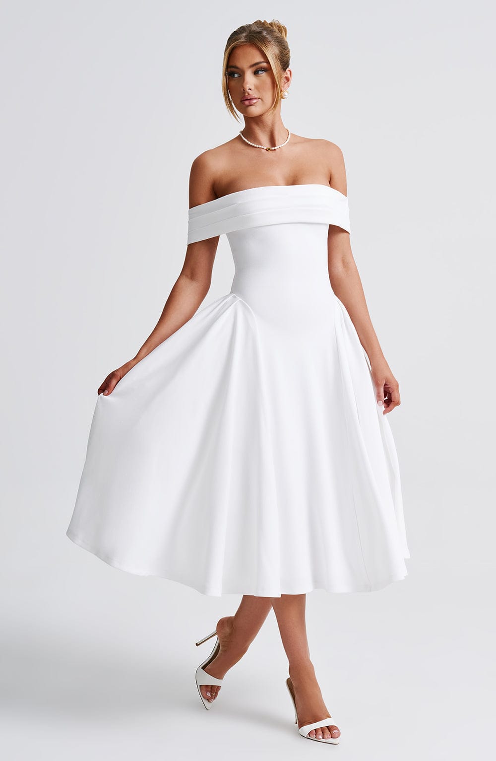Miranda Ivory Midi Dress with Bardot Neckline & Tulle Skirt