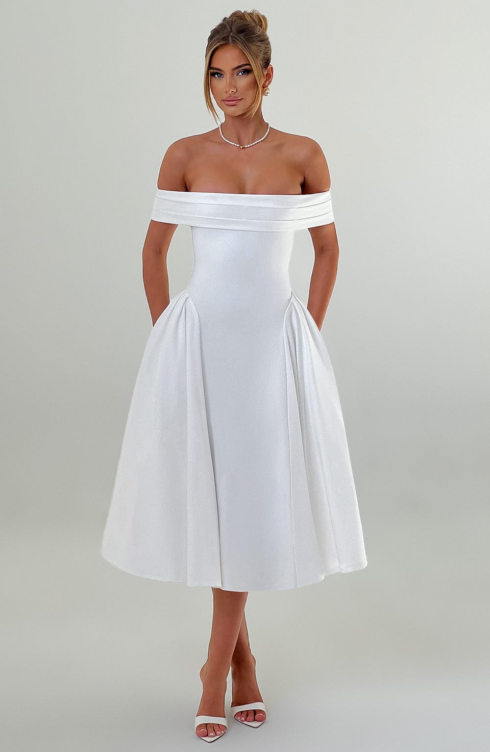 Miranda Ivory Midi Dress with Bardot Neckline & Tulle Skirt