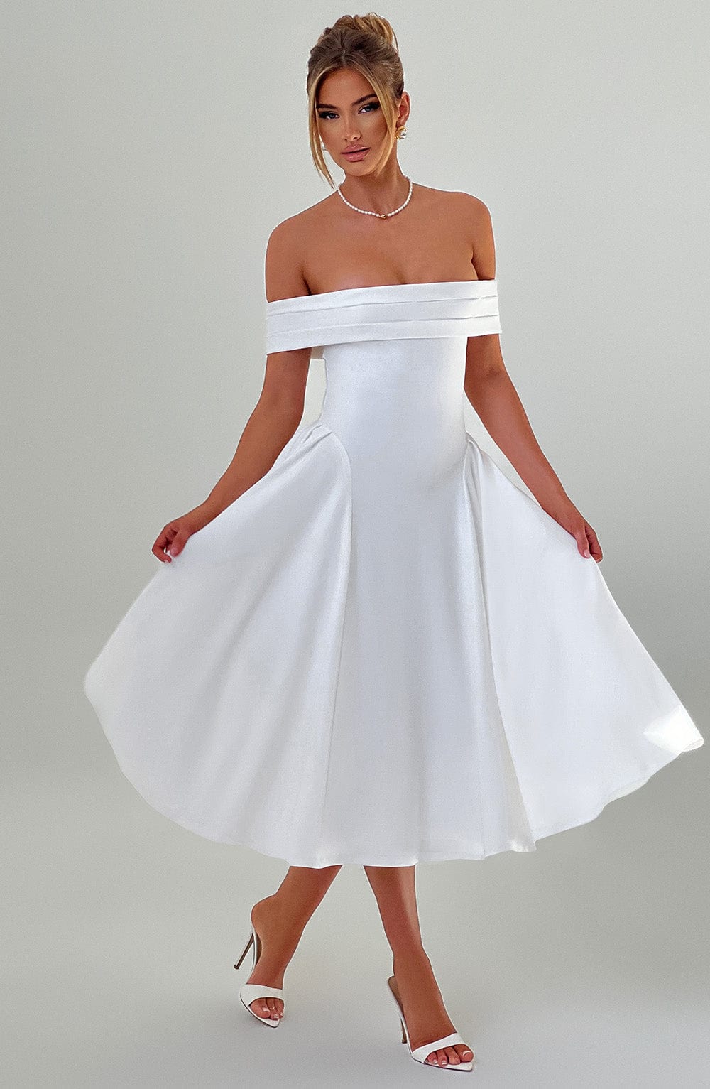Miranda Ivory Midi Dress with Bardot Neckline & Tulle Skirt