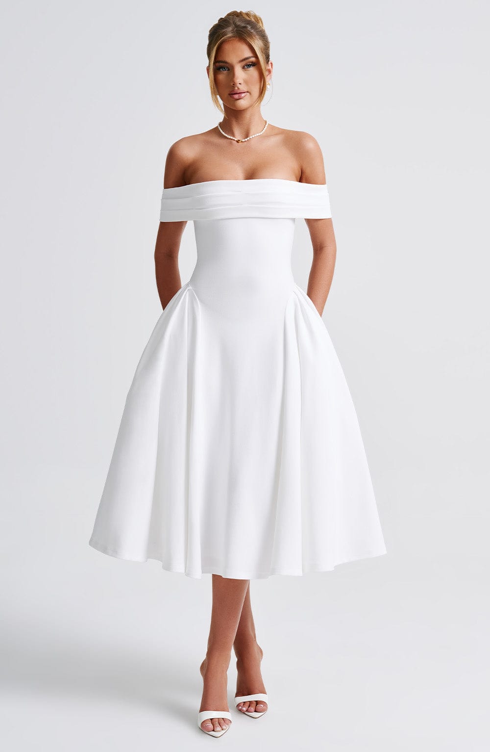 Miranda Ivory Midi Dress with Bardot Neckline & Tulle Skirt