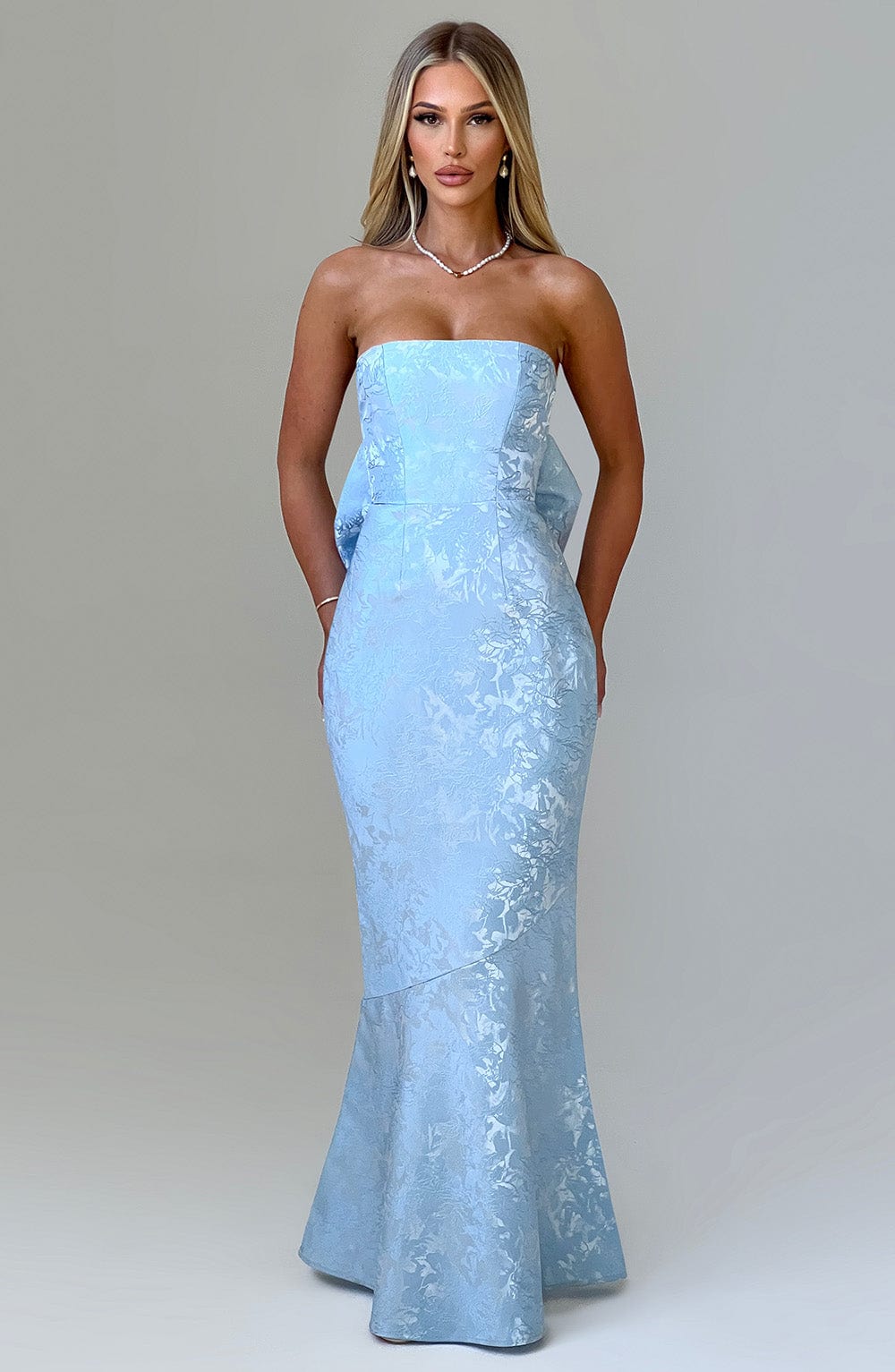 Blue Strapless Maxi Dress with Lace-Up & Oversized Bow - Felicity
