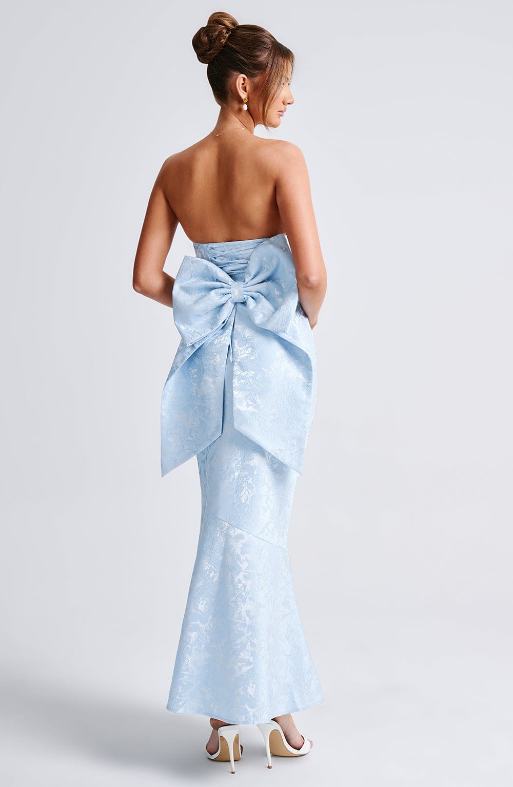 Blue Strapless Maxi Dress with Lace-Up & Oversized Bow - Felicity