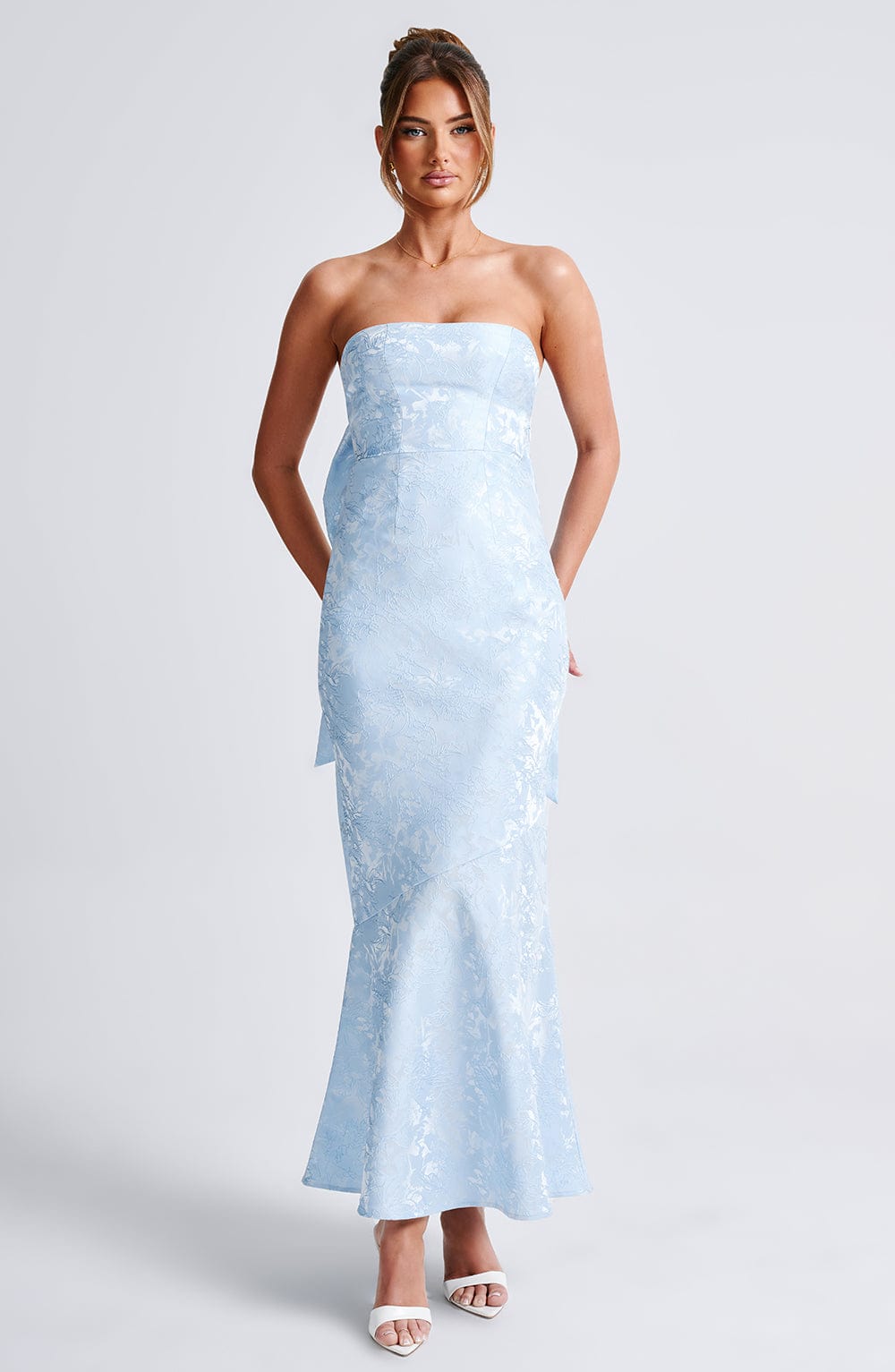 Blue Strapless Maxi Dress with Lace-Up & Oversized Bow - Felicity