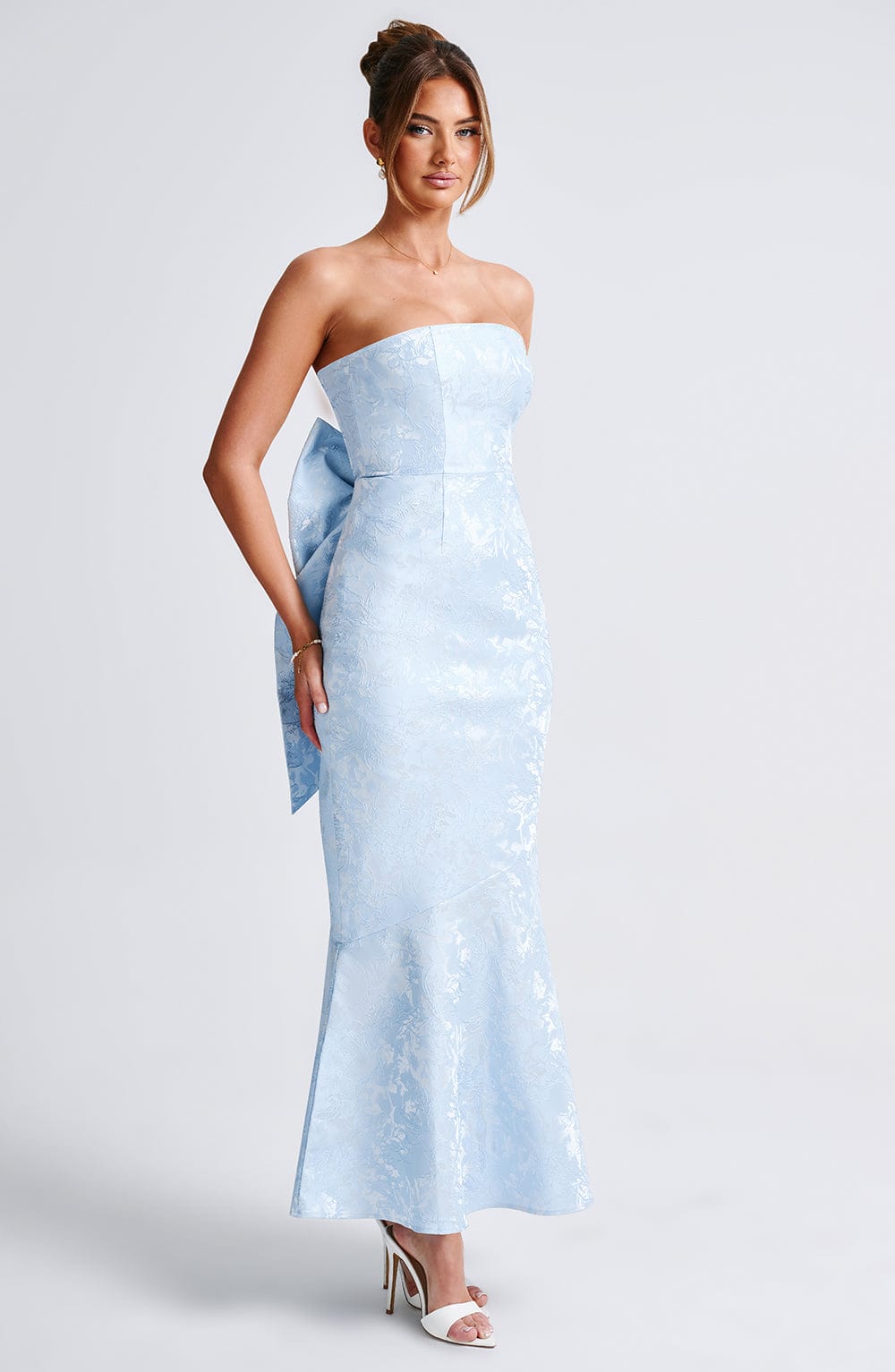 Blue Strapless Maxi Dress with Lace-Up & Oversized Bow - Felicity