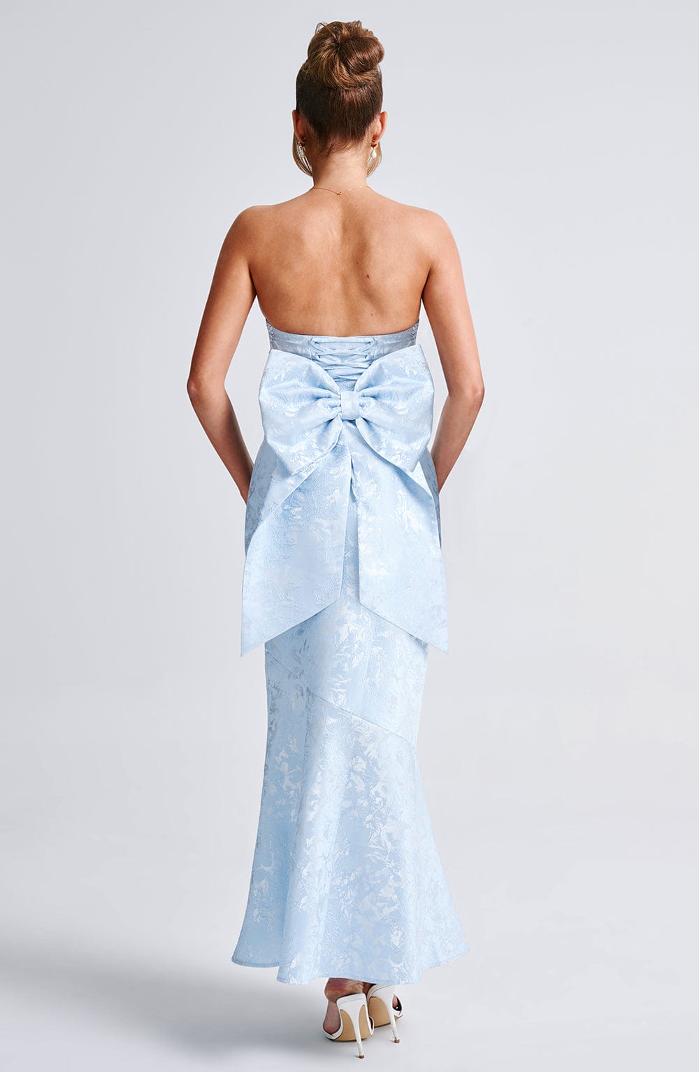 Blue Strapless Maxi Dress with Lace-Up & Oversized Bow - Felicity
