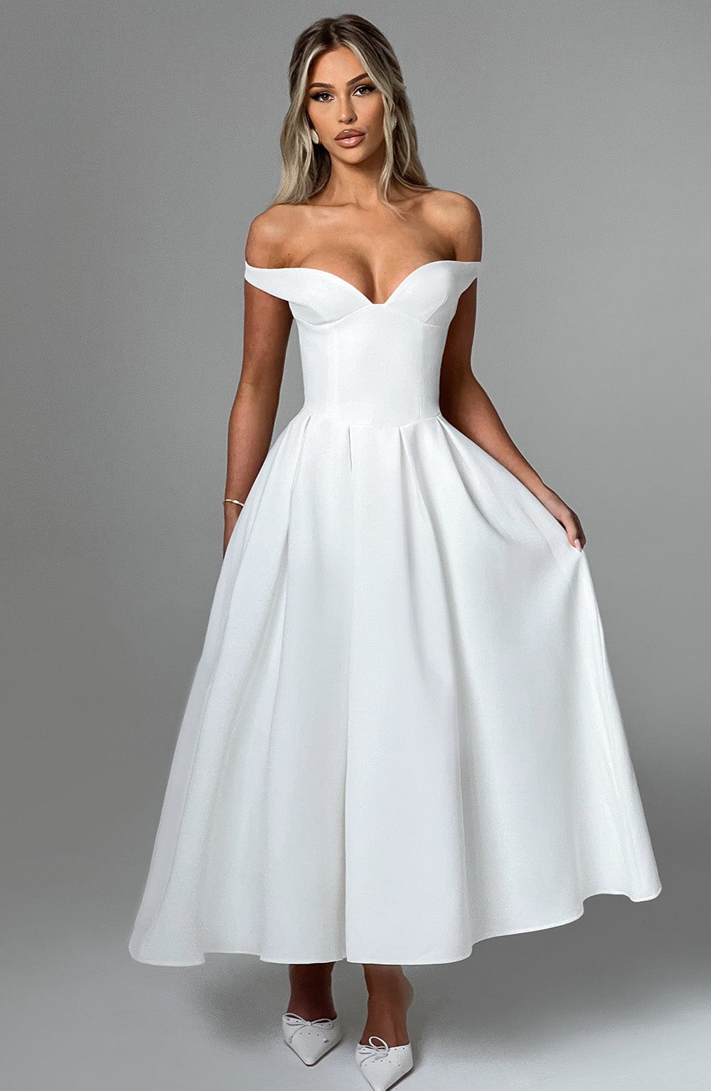 Lanetta Ivory Midi Dress with Bardot Neckline & Pleated Skirt