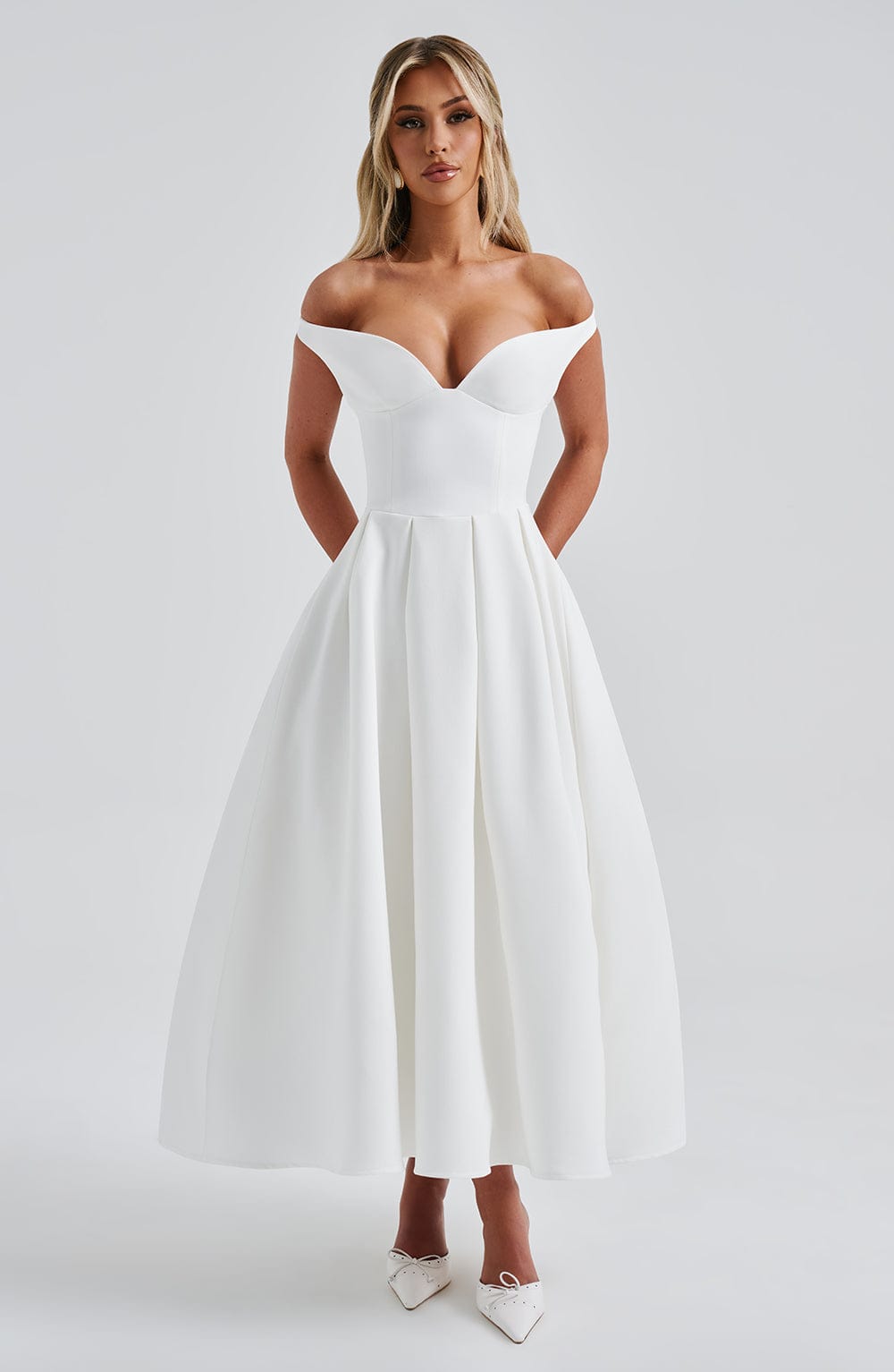 Lanetta Ivory Midi Dress with Bardot Neckline & Pleated Skirt