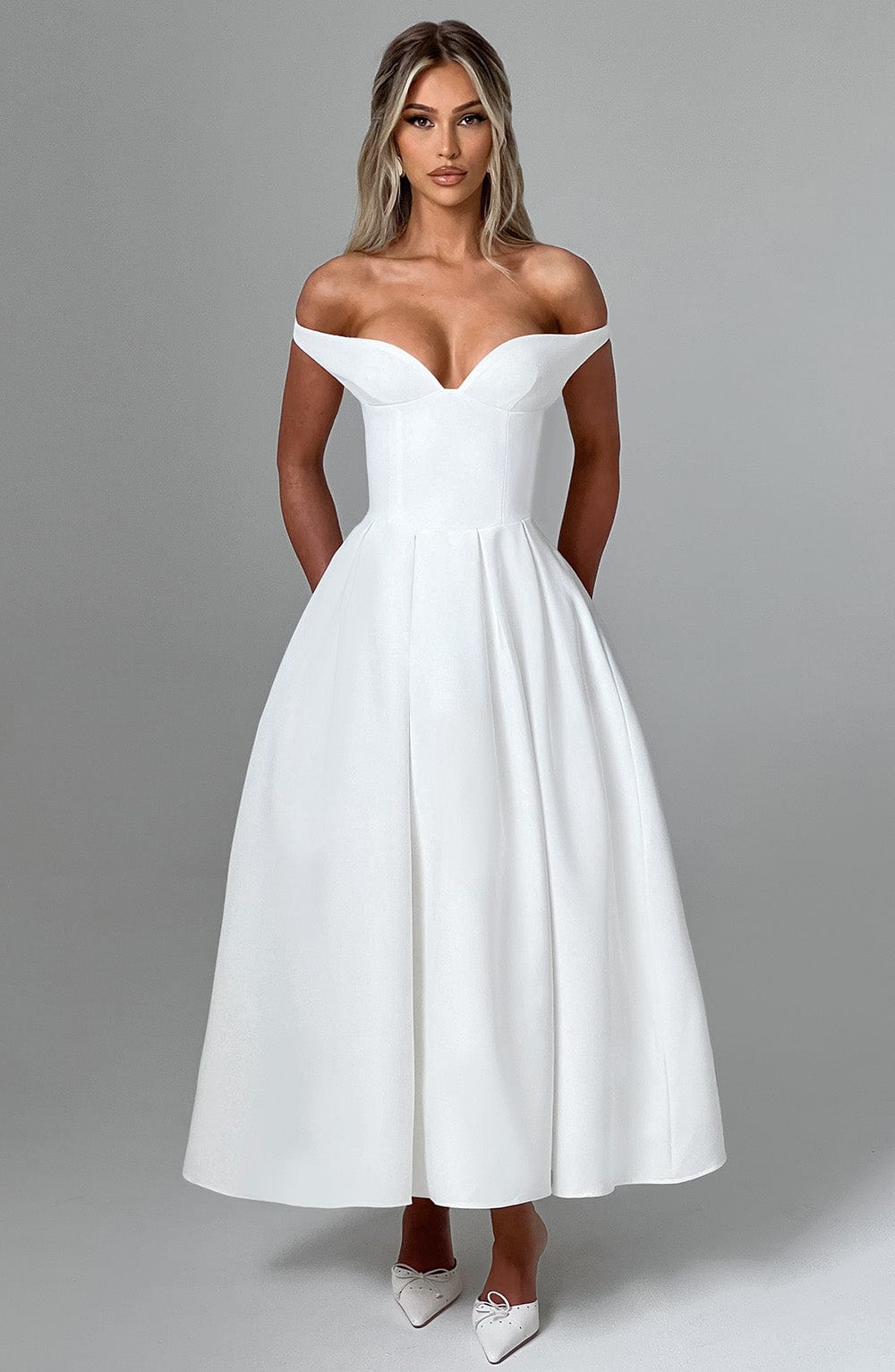 Lanetta Ivory Midi Dress with Bardot Neckline & Pleated Skirt