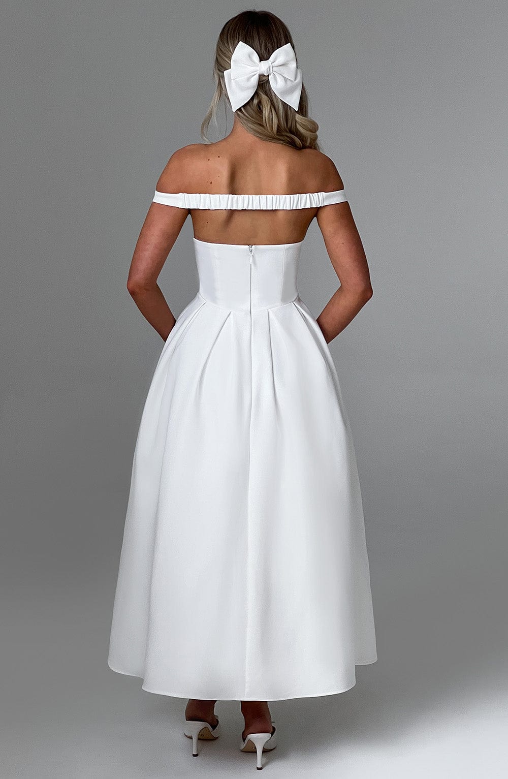Lanetta Ivory Midi Dress with Bardot Neckline & Pleated Skirt