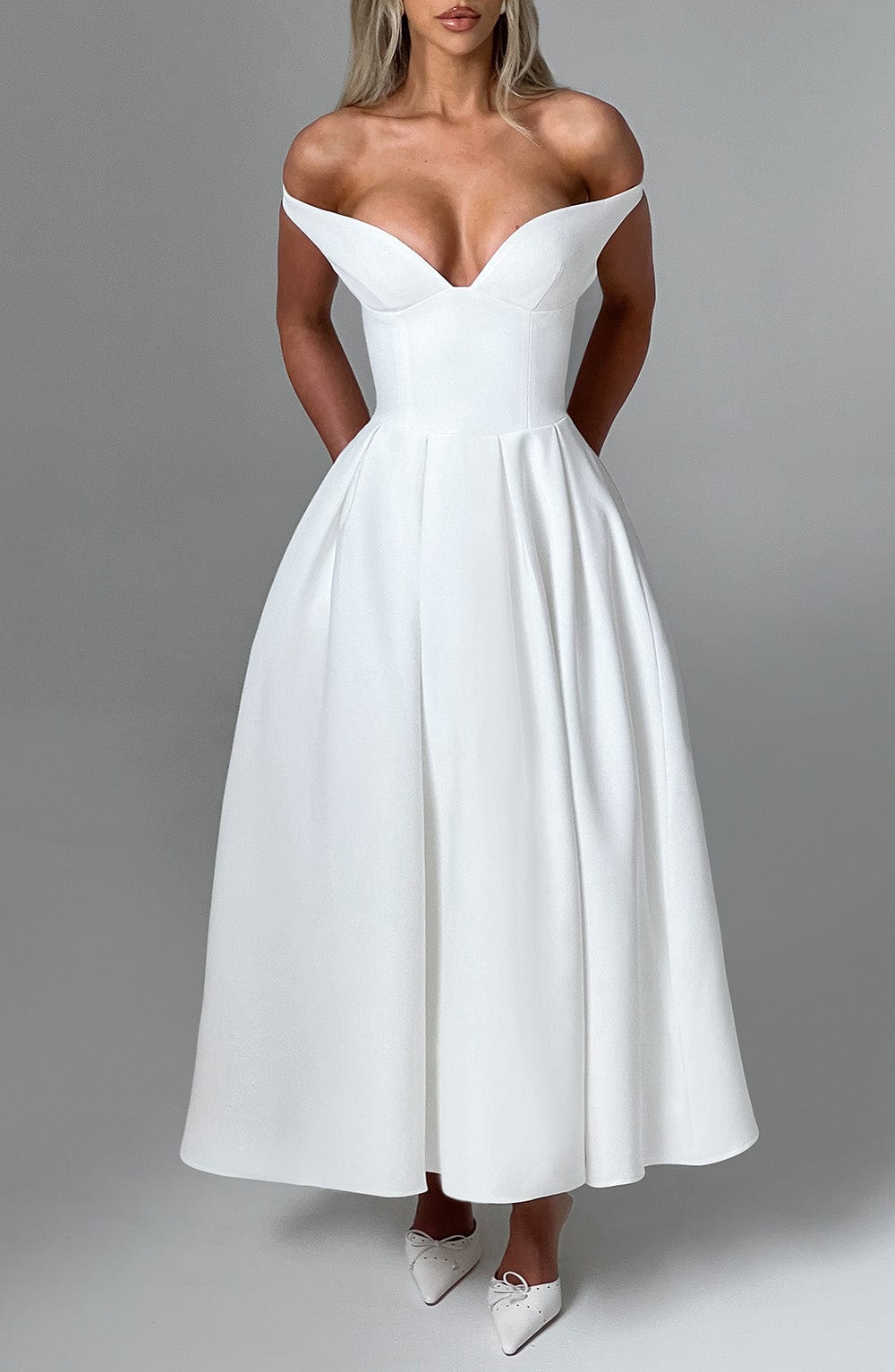 Lanetta Ivory Midi Dress with Bardot Neckline & Pleated Skirt