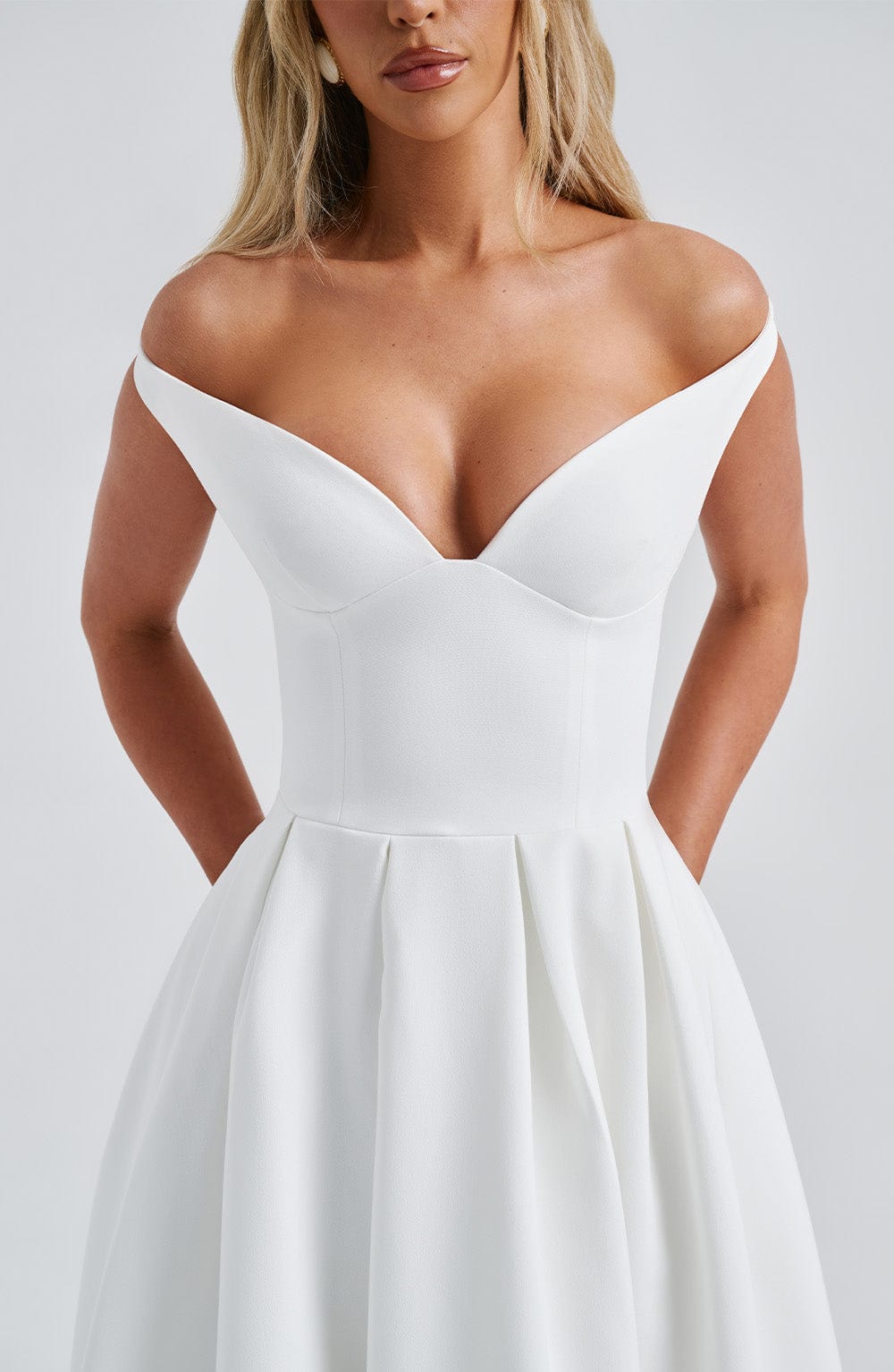 Lanetta Ivory Midi Dress with Bardot Neckline & Pleated Skirt