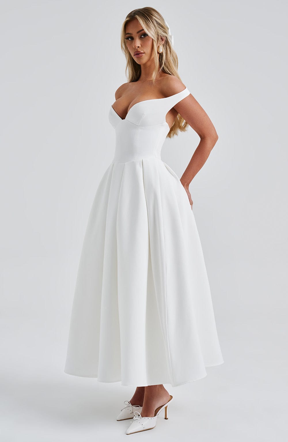 Lanetta Ivory Midi Dress with Bardot Neckline & Pleated Skirt