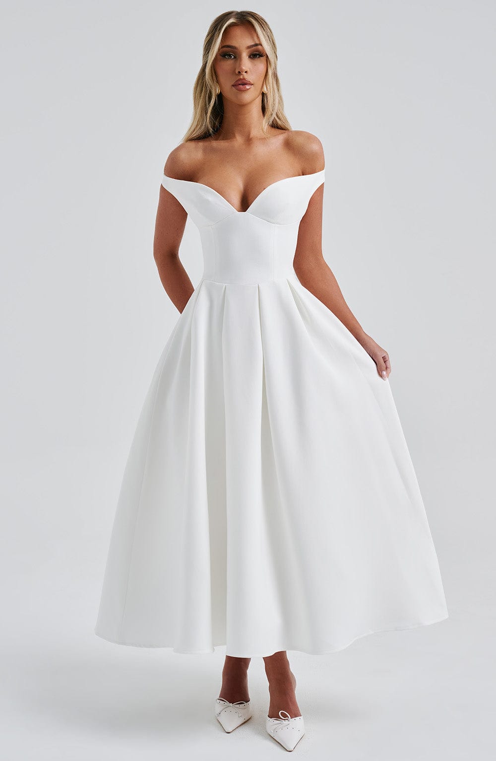 Lanetta Ivory Midi Dress with Bardot Neckline & Pleated Skirt