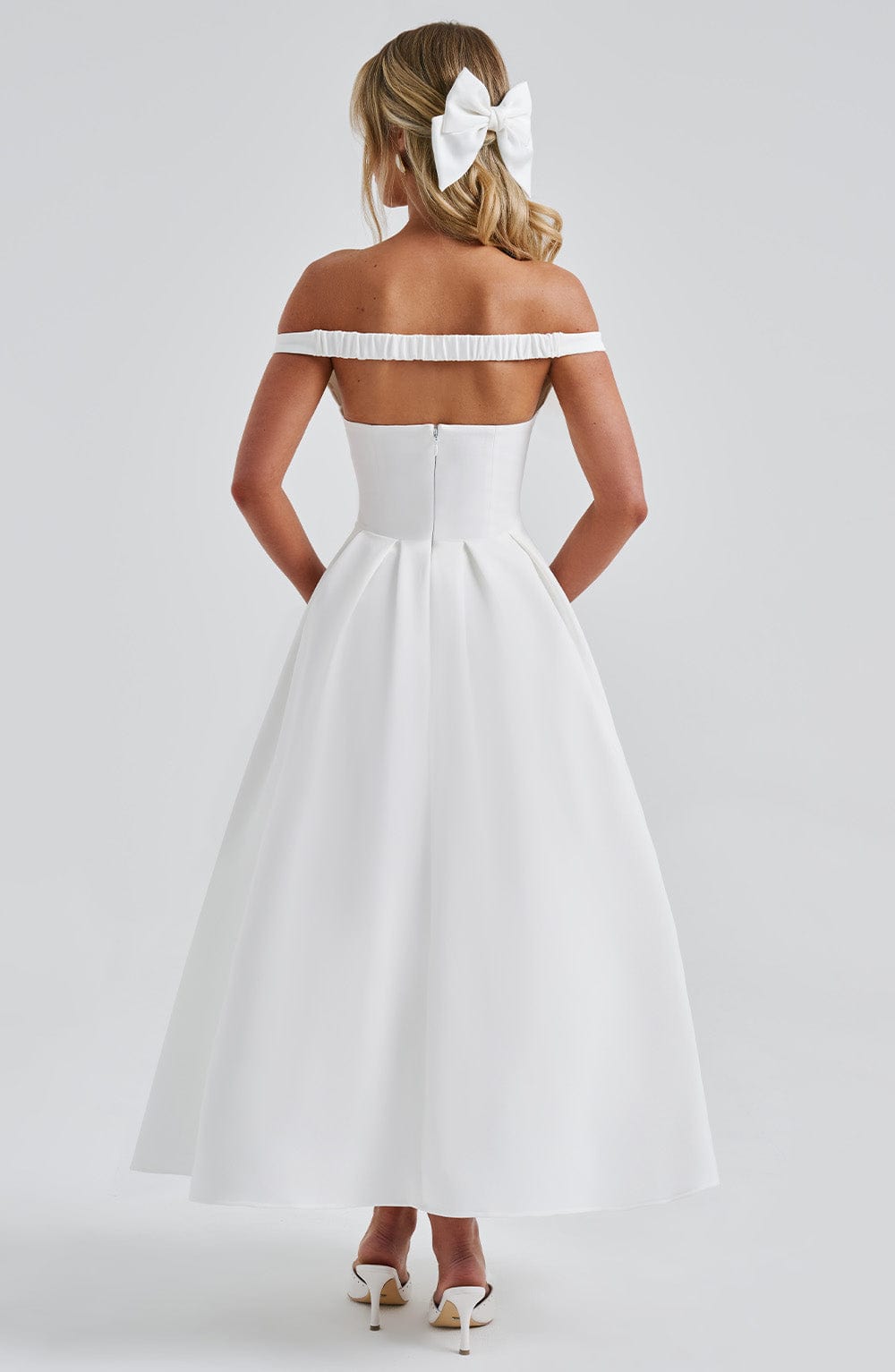 Lanetta Ivory Midi Dress with Bardot Neckline & Pleated Skirt