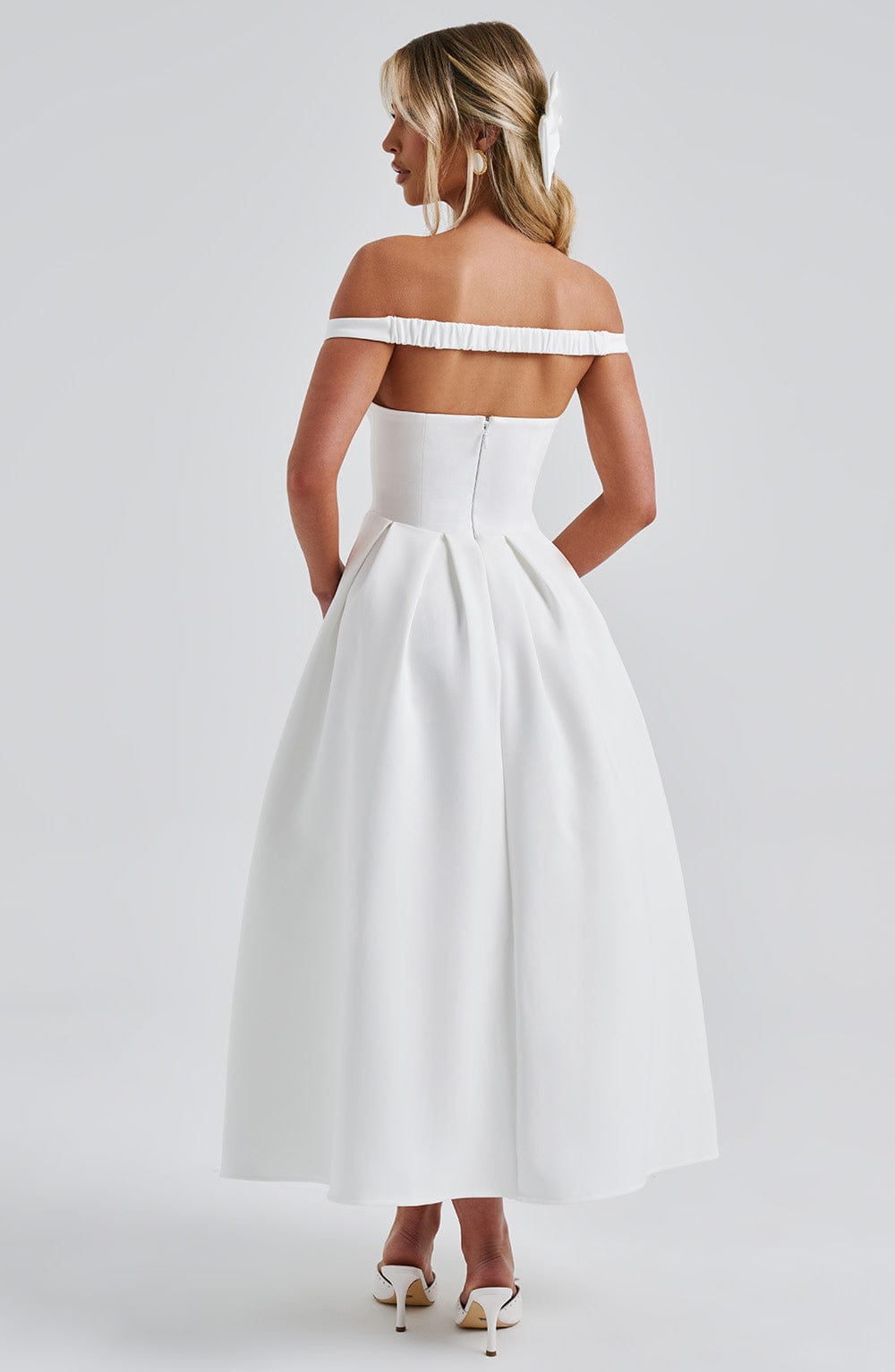 Lanetta Ivory Midi Dress with Bardot Neckline & Pleated Skirt