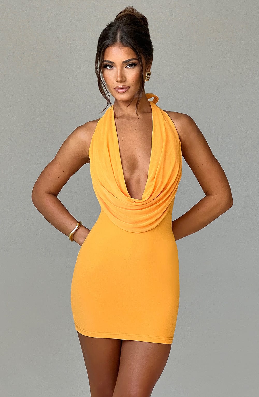 Tangerine Fallon Mini Dress - Sculpted Mesh Halter Neck