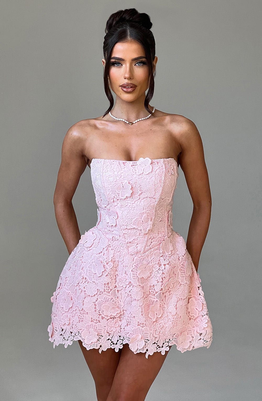 Blush Lace Mini Dress - Strapless Leona with Lace-Up Back