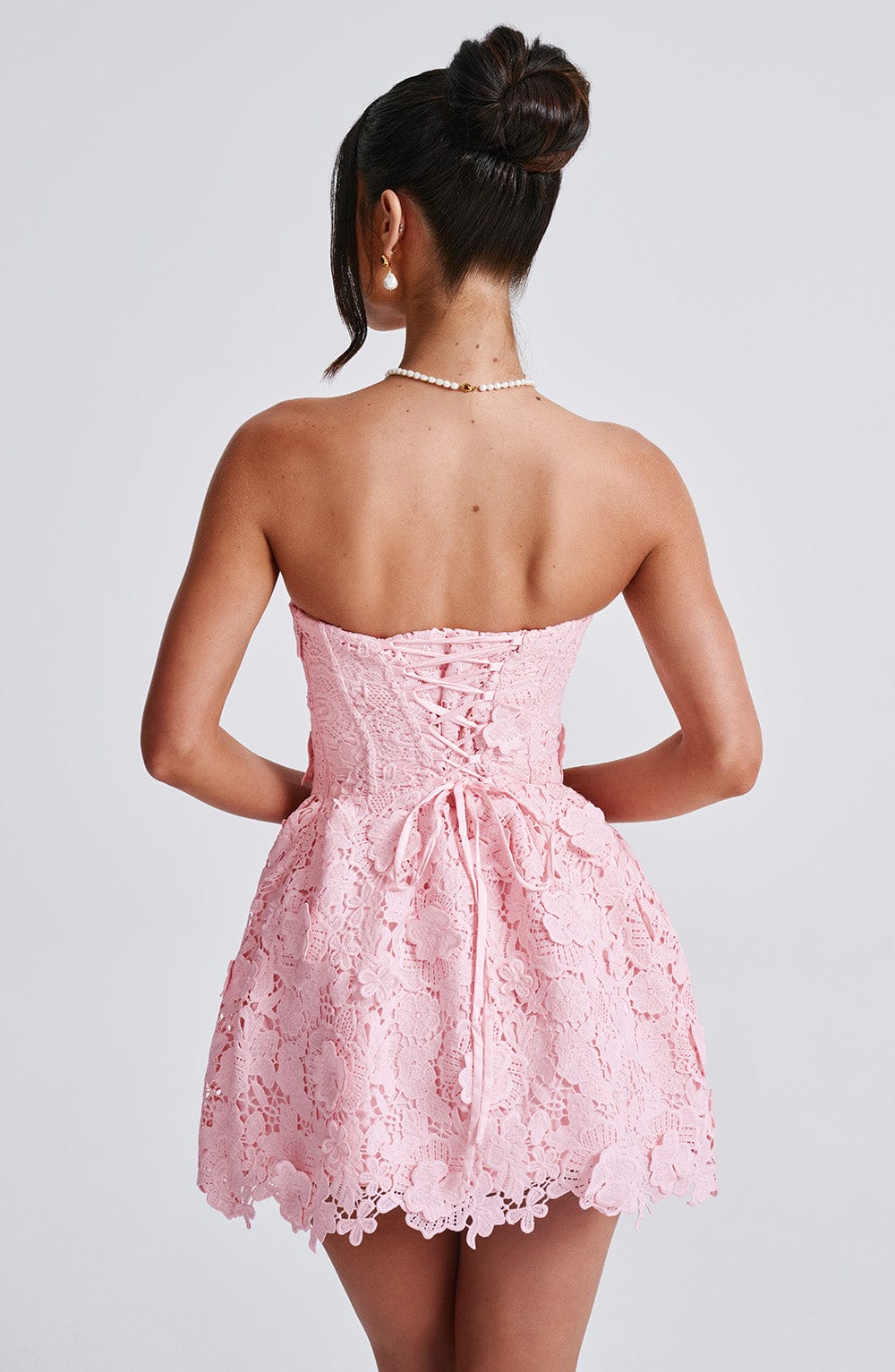 Blush Lace Mini Dress - Strapless Leona with Lace-Up Back