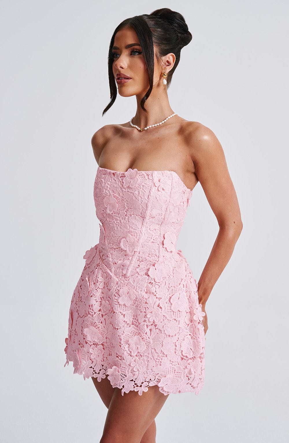Blush Lace Mini Dress - Strapless Leona with Lace-Up Back