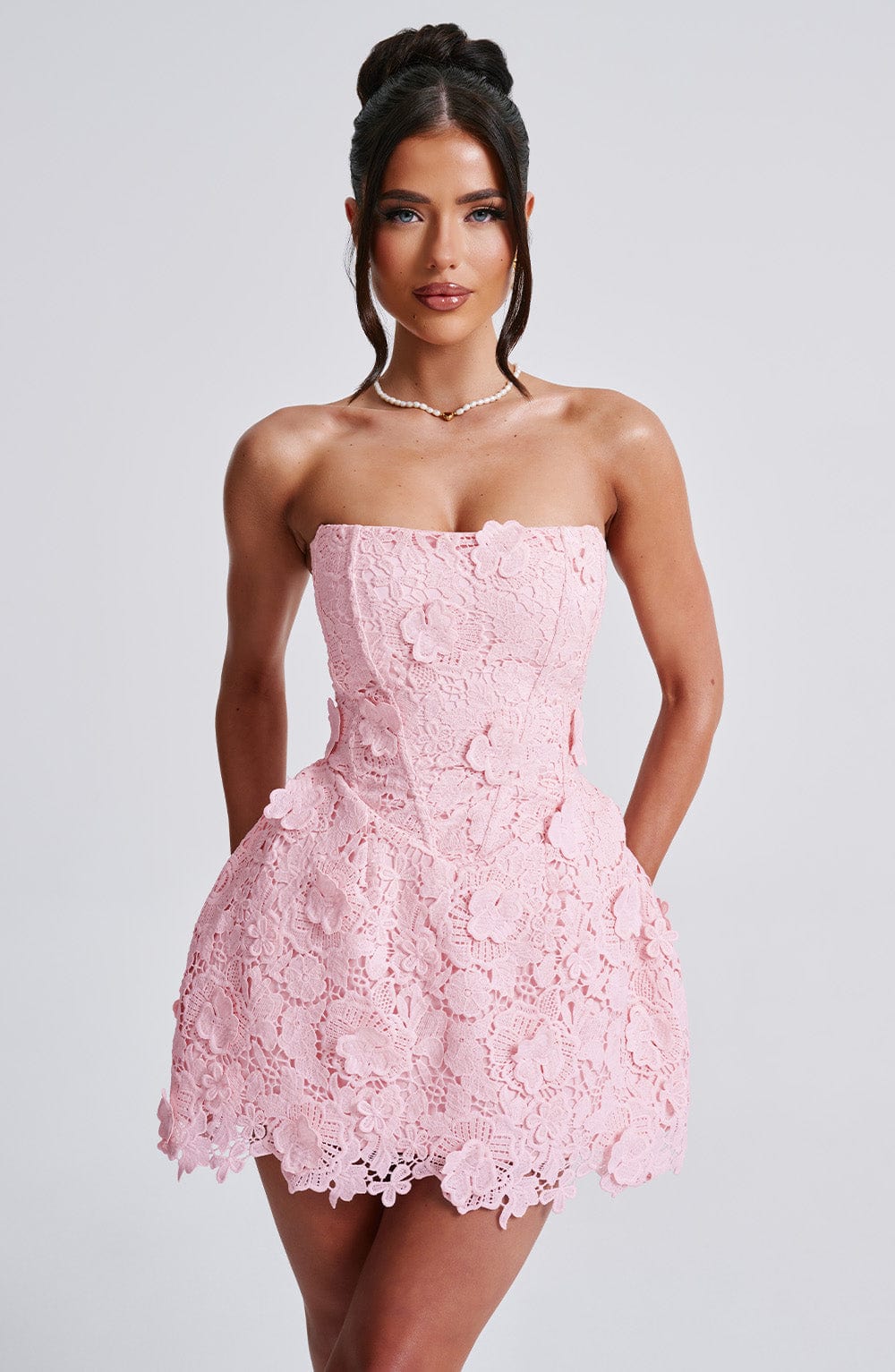 Blush Lace Mini Dress - Strapless Leona with Lace-Up Back
