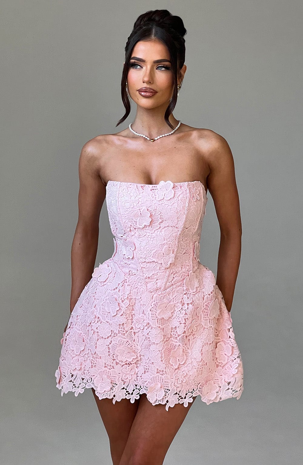 Blush Lace Mini Dress - Strapless Leona with Lace-Up Back