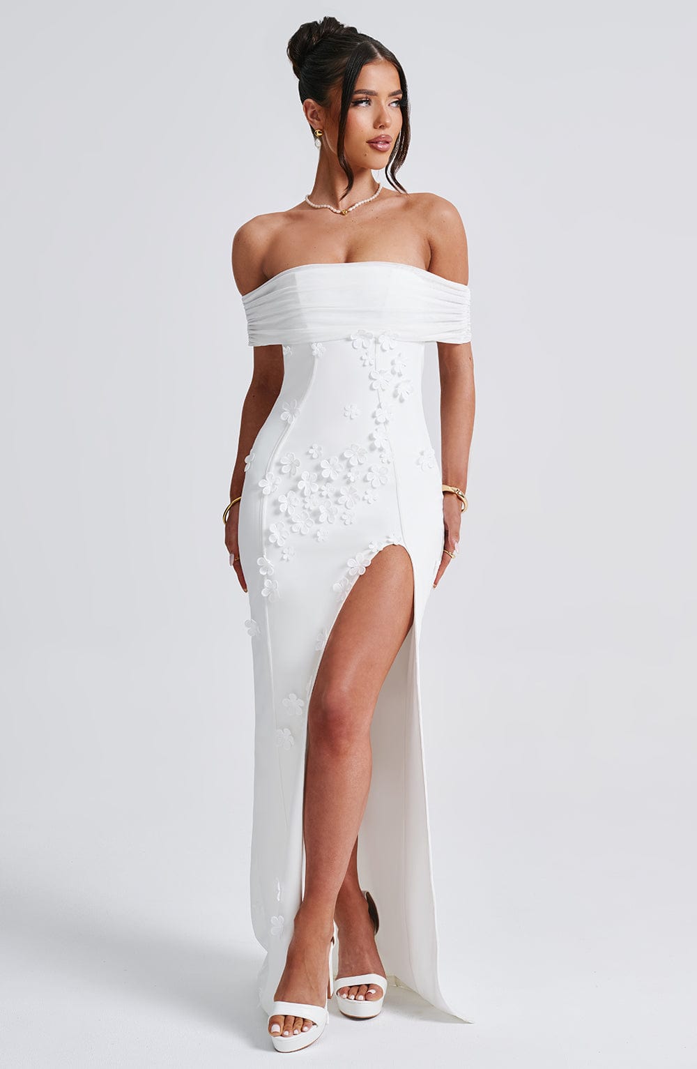 Milani Ivory Floral Maxi Dress with Bardot Neckline & Thigh Split