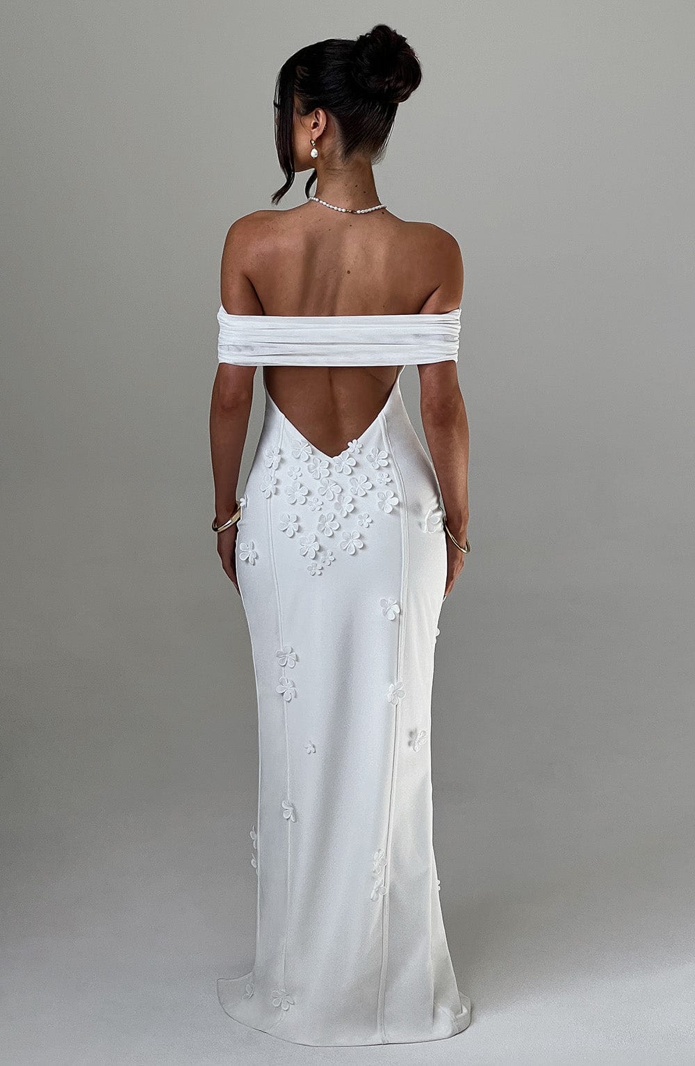 Milani Ivory Floral Maxi Dress with Bardot Neckline & Thigh Split