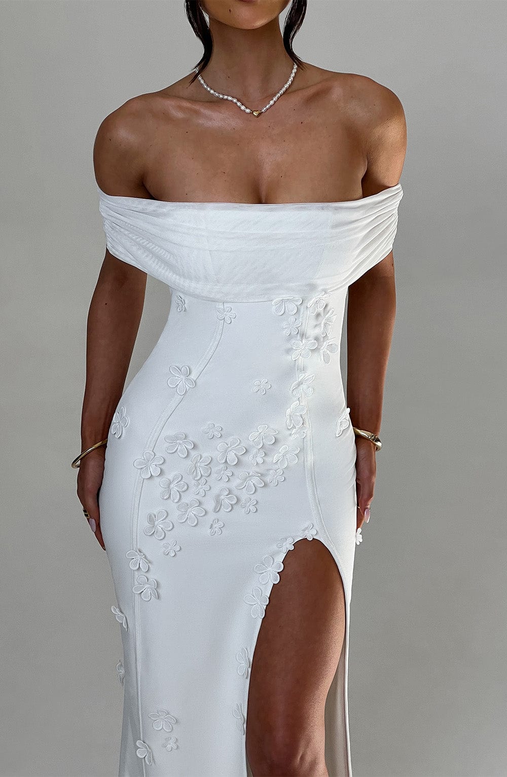 Milani Ivory Floral Maxi Dress with Bardot Neckline & Thigh Split