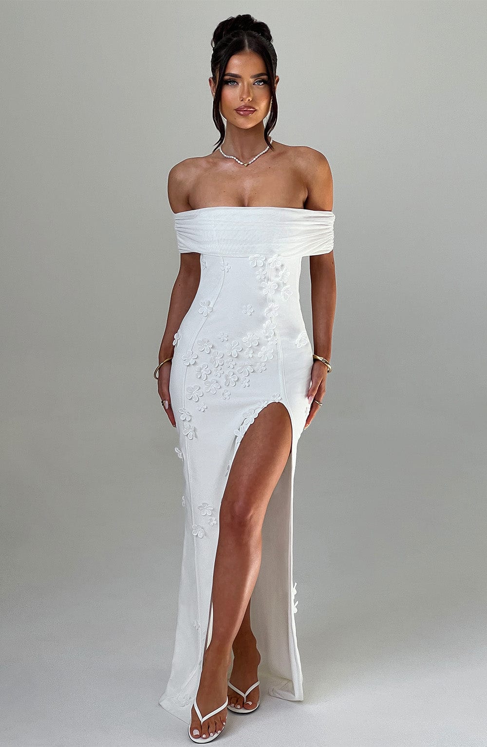 Milani Ivory Floral Maxi Dress with Bardot Neckline & Thigh Split