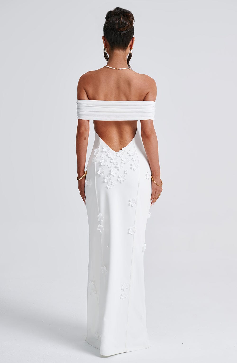 Milani Ivory Floral Maxi Dress with Bardot Neckline & Thigh Split