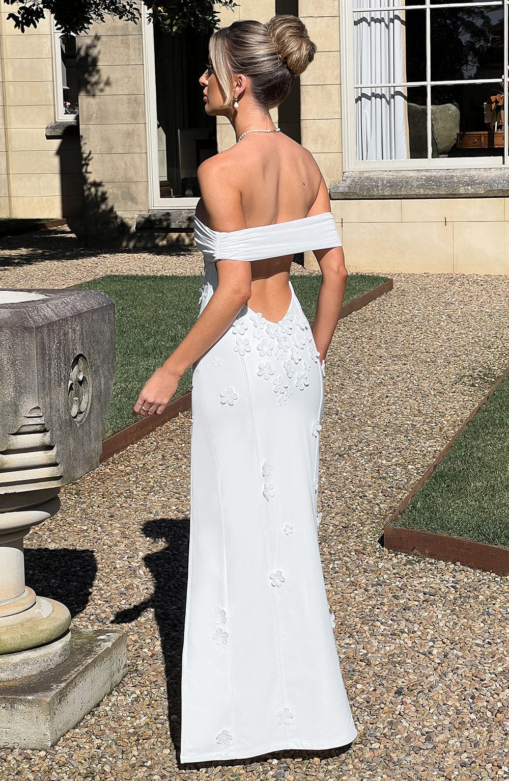 Milani Ivory Floral Maxi Dress with Bardot Neckline & Thigh Split