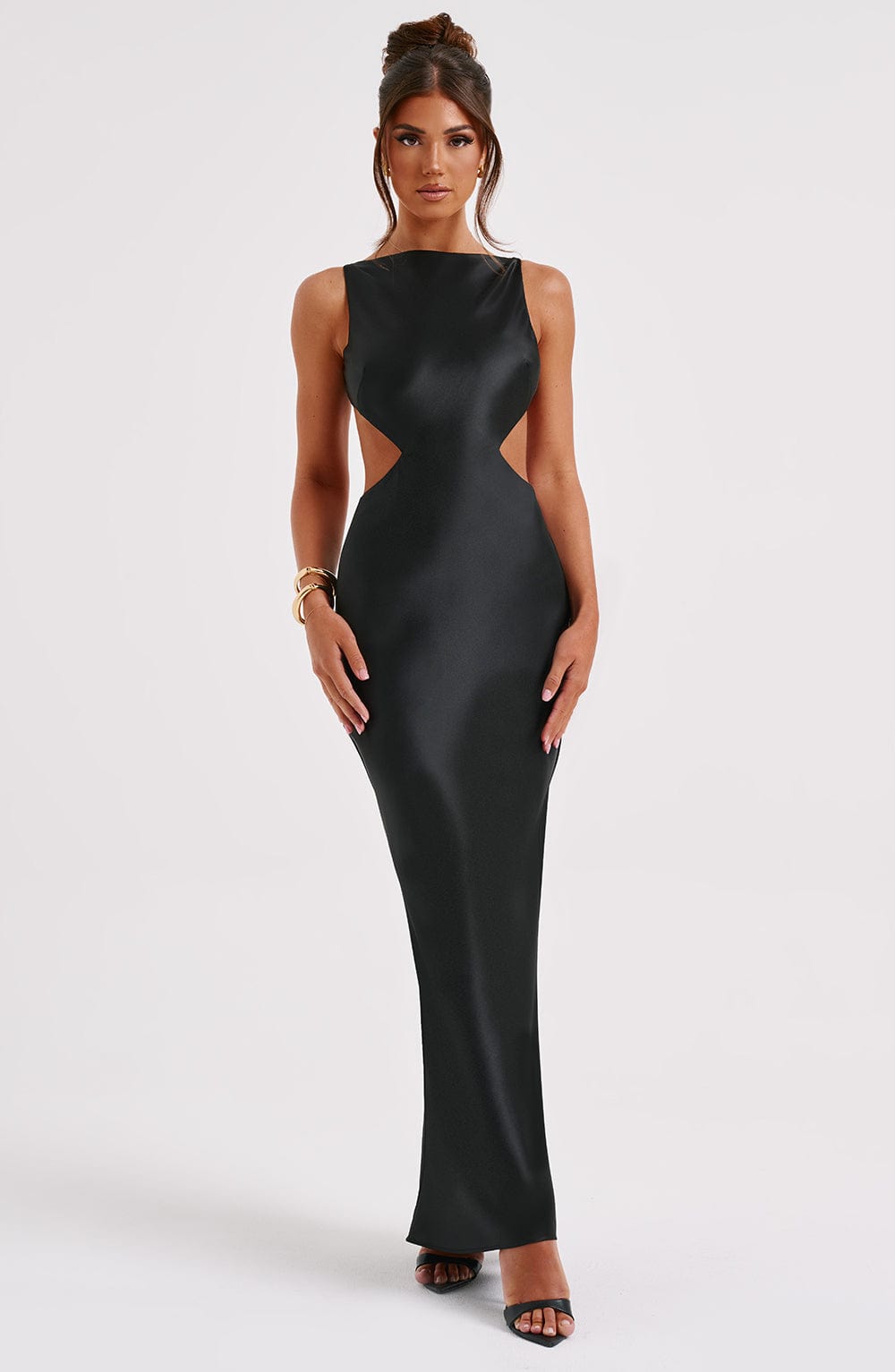 Yves Satin Maxi Dress with Cut Out Back - Black