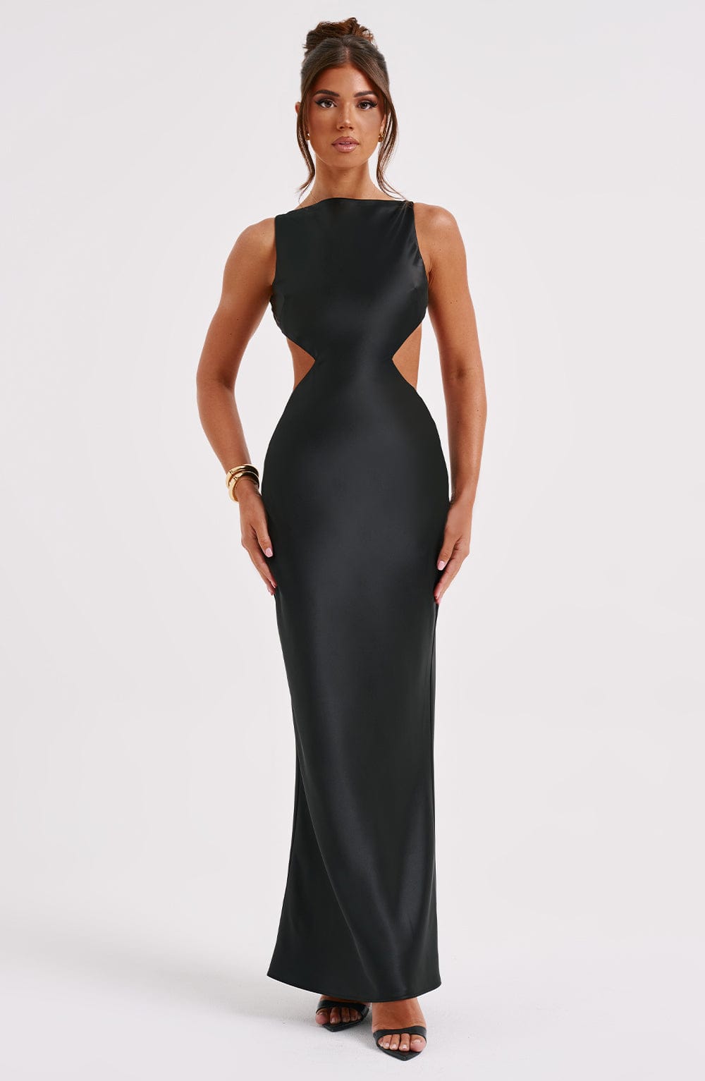 Yves Satin Maxi Dress with Cut Out Back - Black